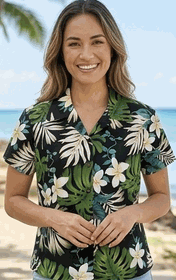 Tropical Monstera Ladies Hawaiian Shirts in Black