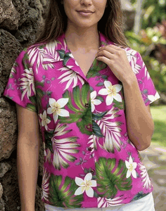 Tropical Monstera Ladies Hawaiian Shirts in Pink