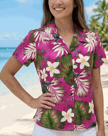 Tropical Monstera Ladies Hawaiian Shirts in Pink