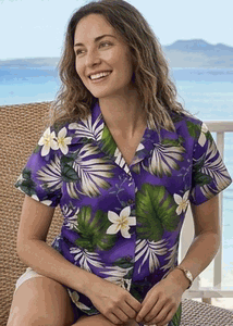 Tropical Monstera Ladies Hawaiian Shirts in Purple Tropical Monstera Ladies Hawaiian Shirts in Purple