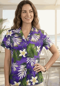 Tropical Monstera Ladies Hawaiian Shirts in Purple