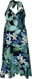 Tropical Plants Halter Women's Hawaiian Dresses Black  (S)