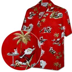 Tropical Santa Men's Christmas Hawaiian Shirt Red 3922