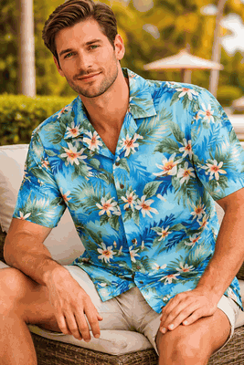 Tropical Tiare Flower Men's Hawaiian Shirts 3978Blue