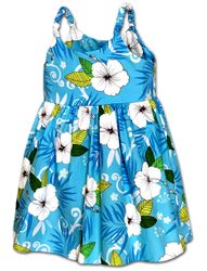 Vibrant Hibiscus Toddler Girl Cute Dress 3954Blue