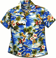 Waikiki Beach Ladies Aloha Shirts Blue