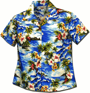 Waikiki Beach Ladies Aloha Shirts Blue