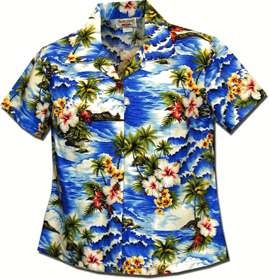 Waikiki Beach Ladies Aloha Shirts Blue