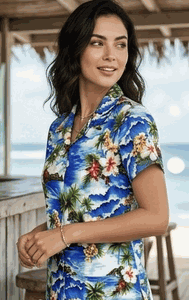 Waikiki Beach Ladies Aloha Shirts Blue