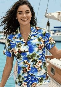 Waikiki Beach Ladies Aloha Shirts Blue