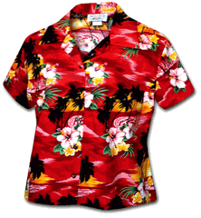 Waikiki Sunset Ladies Red Hawaiian Shirt