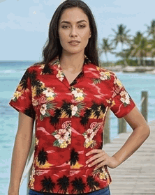 Waikiki Sunset Ladies Red Hawaiian Shirt