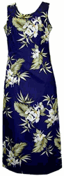 White Ginger Navy Long Tank Hawaiian Dress (XS,S)