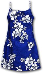 White Hibiscus Girls Blue Spaghetti Aloha Dress