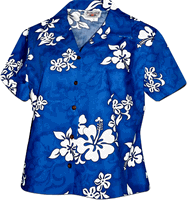 White Hibiscus Ladies Hawaiian Shirts Blue