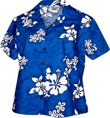 White Hibiscus Ladies Hawaiian Shirts Blue