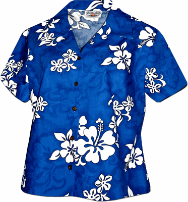White Hibiscus Ladies Hawaiian Shirts Blue