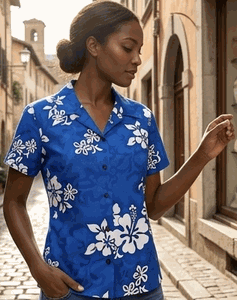 White Hibiscus Ladies Hawaiian Shirts Blue