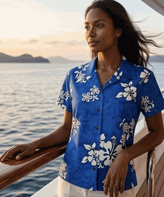 White Hibiscus Ladies Hawaiian Shirts Blue
