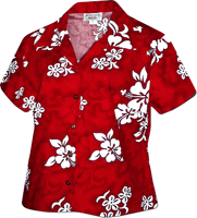 White Hibiscus Ladies Hawaiian Shirts Red