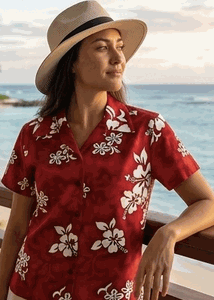 White Hibiscus Ladies Hawaiian Shirts Red