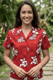 White Hibiscus Ladies Hawaiian Shirts Red