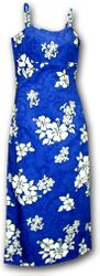 White Hibiscus Spaghetti Long Blue Hawaii Dress