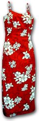 White Hibiscus Spaghetti Long Red Hawaii Dress