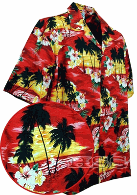 Youth Hawaiian Aloha Shirt Red Waikiki Sunset 