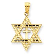 14k Gold Diamond-cut Star of David with the Cross Pendant 7/8" 
