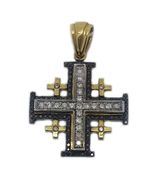 14k Gold Jerusalem Cross pendant set with Black and Clear Diamonds hand crafted in Israel 1" 26 mm