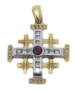 14K Gold Jerusalem Cross pendant set with Diamonds and Ruby hand crafted in Israel 1" 26 mm