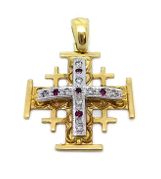 14K Gold Jerusalem Cross pendant with diamonds hand crafted in the Holy land 1" 26 mm