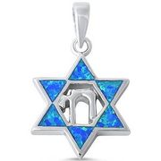 Blue Opal Star of David with Chai Life in Hebrew Symbol .925 Sterling Silver Pendant 1 1/8" 28 mm
