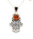 Hamsa Hand of God Pendant Sterling silver with Baltic Amber 18" silver NECKLACE Hamsa Hand of God Pendant Sterling silver with Baltic Amber 18" silver NECKLACE
