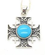 Jerusalem Cross Pendant 925 Sterling Silver with Turquoise Israel Holy Land 18" necklace