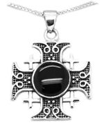 Jerusalem Cross Pendant 925 Sterling Silver Onyx with 18" sterling silver box chain necklace Israel Holy Land