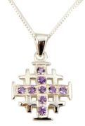 Jerusalem Cross pendant Sterling silver with Amethyst CZ 18" silver necklace  