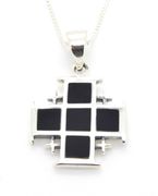 Jerusalem cross pendant Sterling silver with Onyx gemestone 18" necklace 