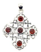 Large jerusalem cross pendant sterling silver with Garnet 1.36"  