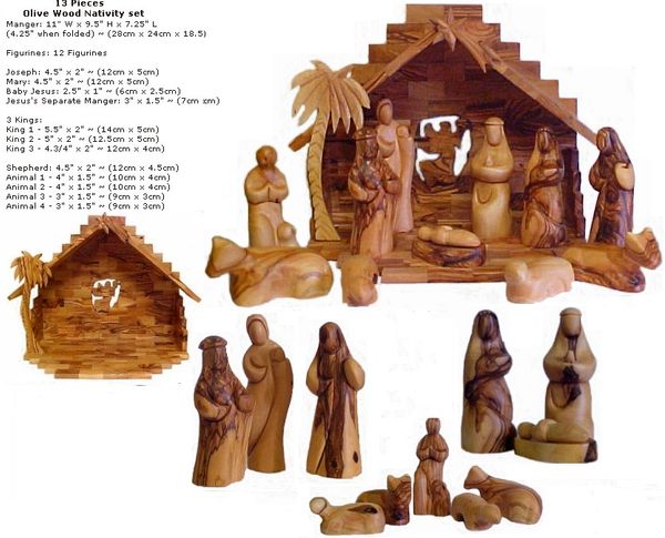 Modern style 12 pieces Olive wood nativity hand carved in Bethlehem with Stable