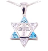 Sterling Silver Star of David and Cross Pendant with Light Blue and Clear Stones 18" necklace