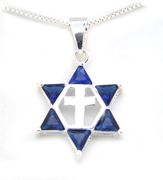 Sterling silver Star of David with the cross Blue CZ Messianic pendant with 18" necklace from Israel