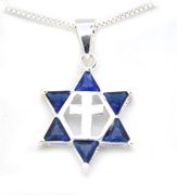 Sterling silver Star of David with the cross Blue CZ Messianic pendant with 18" necklace from Israel