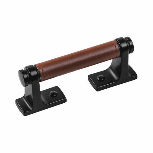 Belwith B077978LRMB Reserve Pull, 3" Cc Brown Leather w/Matte Black