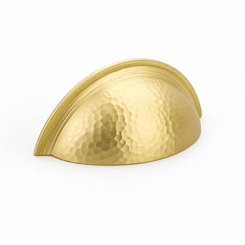 Schaub 574-SB Atherton, Cup Pull, Hammered, Knurled Edges, Satin Brass, 3" cc