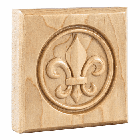 FDLROS3RW 4" x 4" x 7/8" Fleur-de-Lis Rosette. Species: Rubberwood