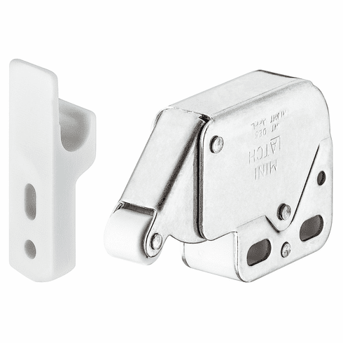 Hafele Mini-Latch, screw fixing, catch, Lock: Nickel plated/white, counterpiece: White, Item# 245.54.701, 24554701, 245-54-701