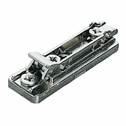 Hafele Clip Mounting Plate, Salice SM, straight, Quick fixing system, pre-mounted 7.5mm Euro screws, 2D cam adjust, (appropriate height 0,2,3,6)mm, Model BAPGR_9/20, nickel plated, 0mm height, Item# 329.67.050, 32967050, 329-67-050