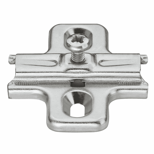 Hafele Cruciform Mounting Plate, Salice A, steel, with chipboard screws, edge distance 37 mm, slide-on system, pre-mounted Euro screws, Model B2V3H39/15, Item# 329.80.555, 32980555, 329-80-555